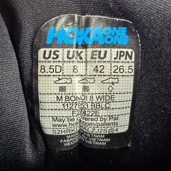 HOKA ONE ONE BONDI 8 WIDE MEN'S RUNNING SHOES – SIZE 8.5 – BLACK – MAX CUSHION - Picture 9 of 10